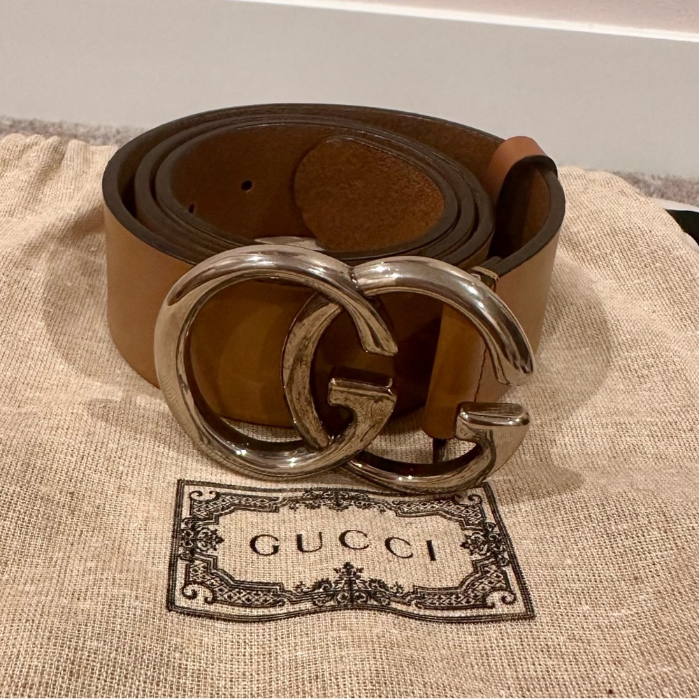 Gucci Brown Leather Belt with Silver GG Buckle